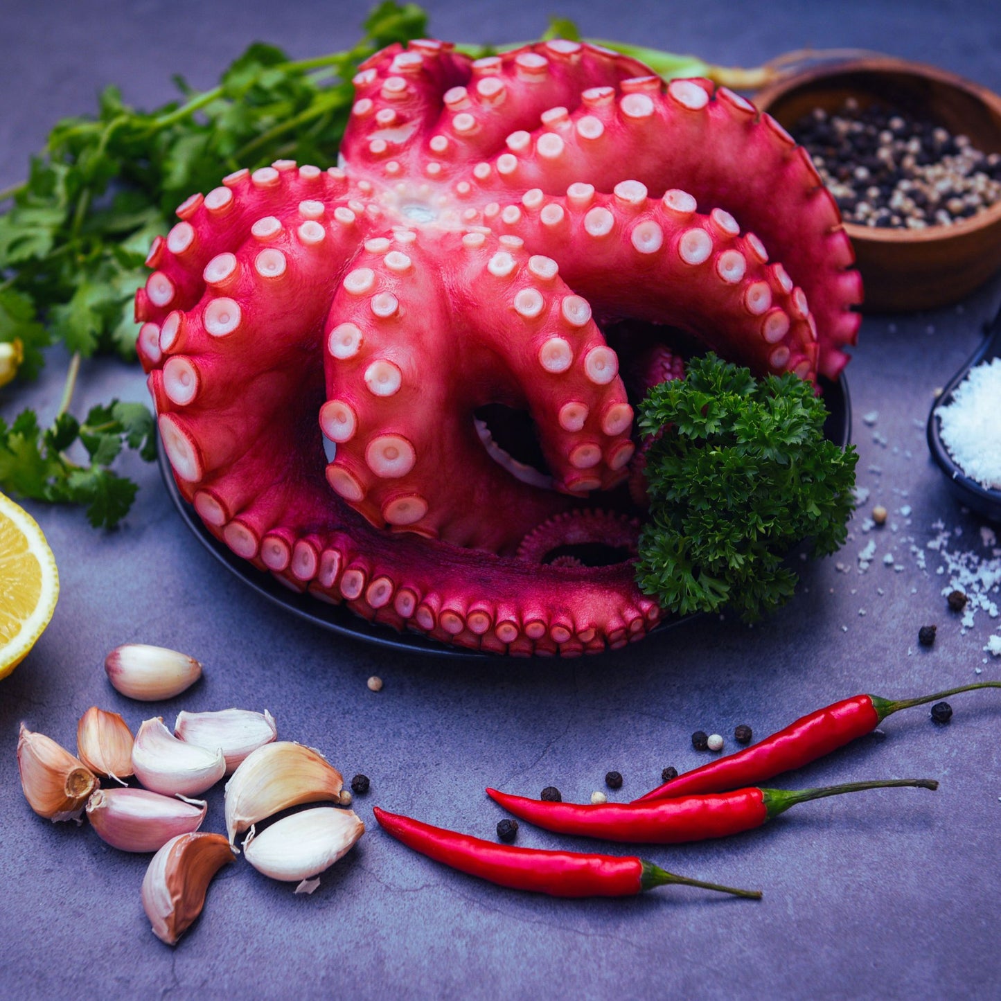 grilled-octopus-on-blue-bakground