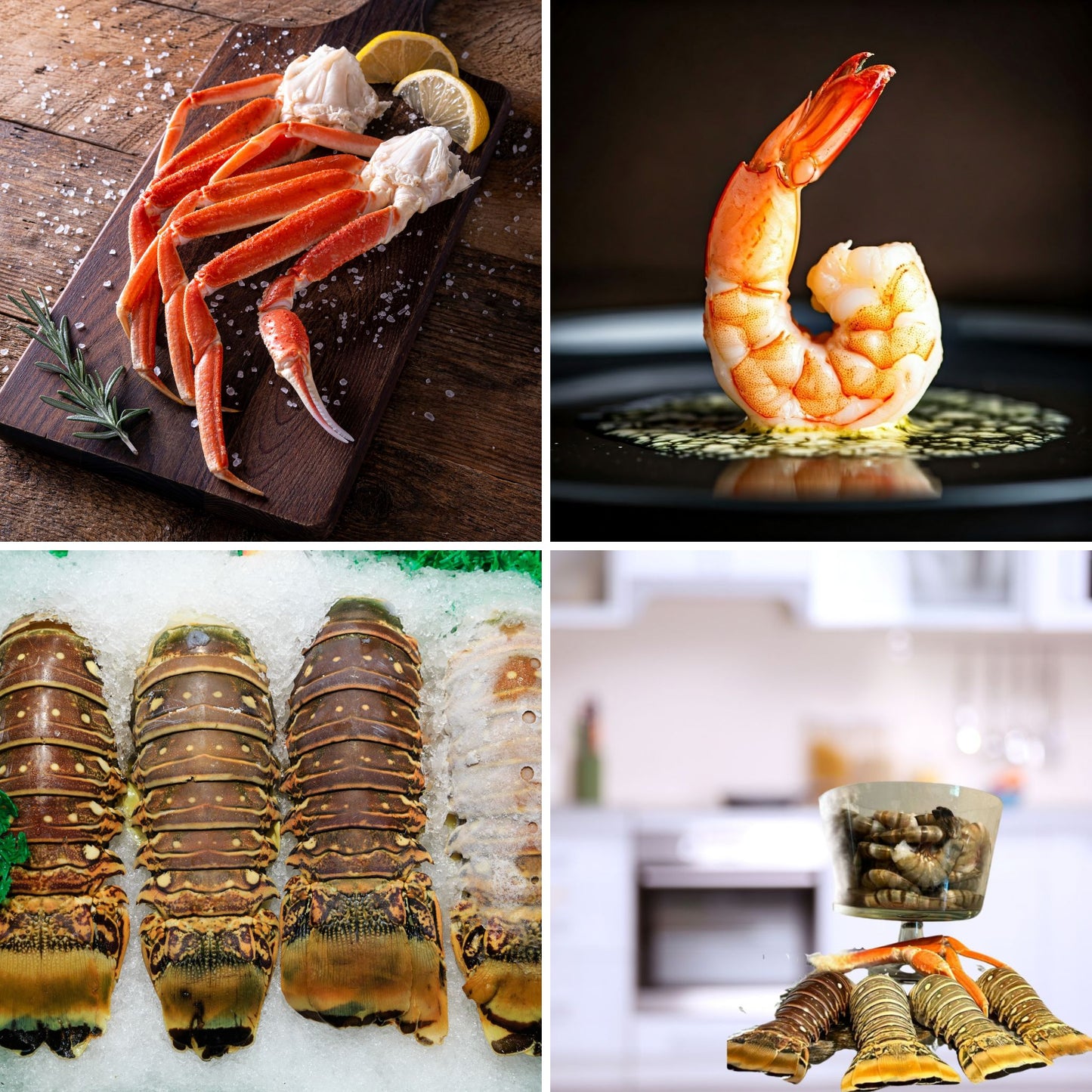 snow crab leg on wood board, isolated shrimp, 4 lobster-tails collage